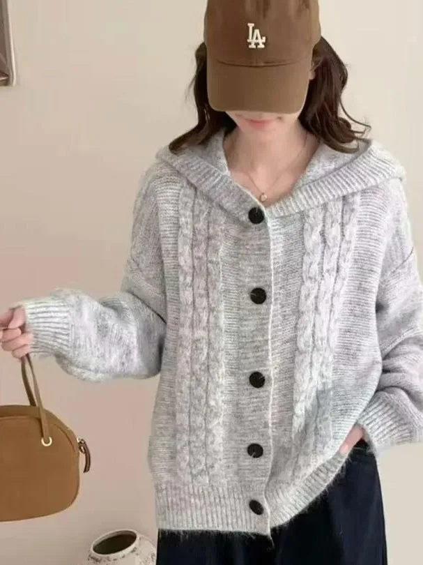 Loose Fit Lazy Sle Strickpullover Mantel Damen Faion Herbst Winter Offene Strickjacke Mit Kapuze Twist Oberbekleidung Top
