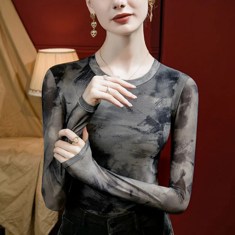 

Retro Tie-dye Printed Mesh Bottoming Shirt for Women Slim Fit Spring Autumn New Long-sleeved Top