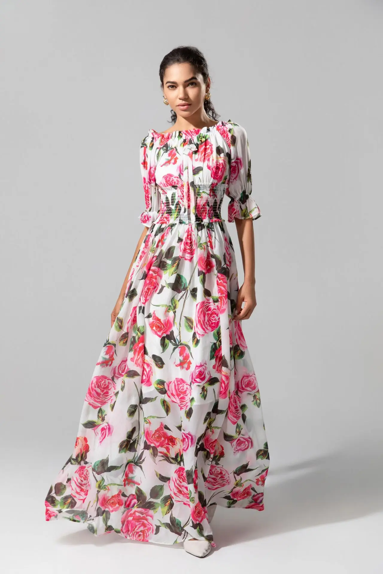 Sukienki damskie Dekolt typu slash Krótkie rękawy Elastyczna talia Kwiatowy nadruk Eleganckie designerskie sukienki maxi Vestidos