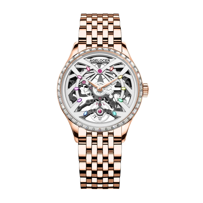Agelocer Original Schwarzwald Watch Women's Luxury Gold Watch Skeleton Automatic Mechanical Watch Birthday Gift for Women