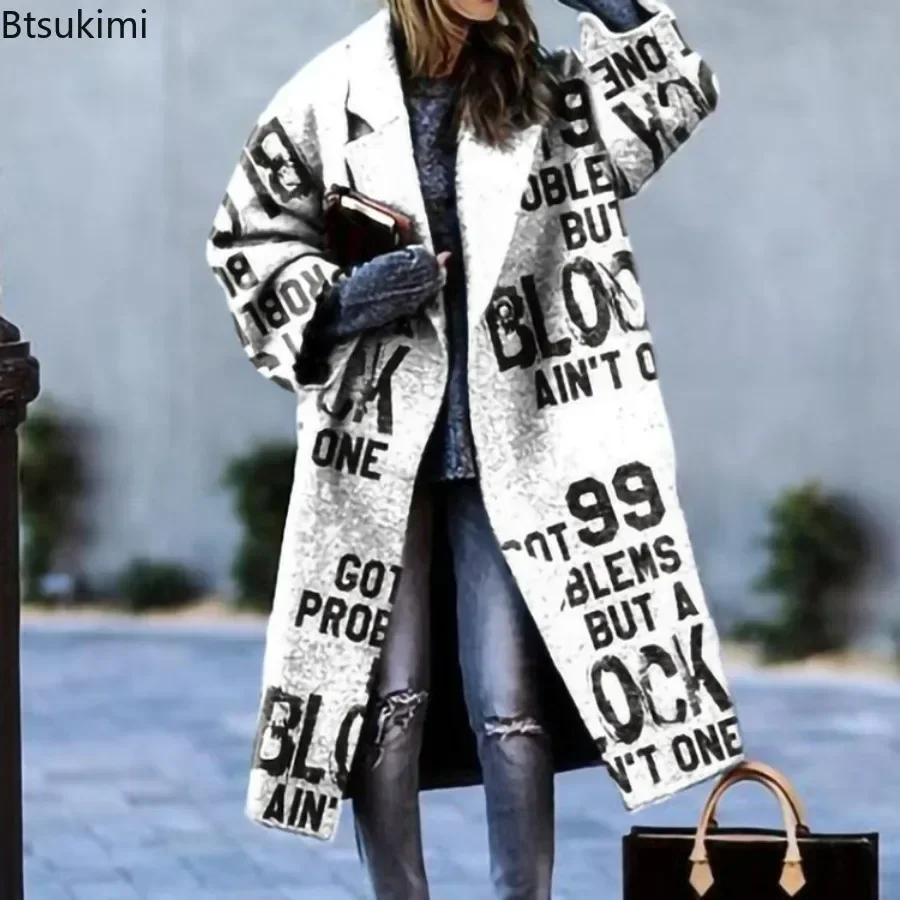 New 2024 Spring Autumn Women\'s Overcoats Matching Plaid Long Sleeve Lapel Coat Printed Woolen Coat Women Clothes Female Coats