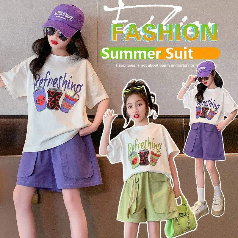 

Summer Casual Girls Alphabet Cartoon Short-Sleeved t-Shirt Tops+Short Pant Set School Kids Tracksuit Child 2PCS Outfit 5-16Years