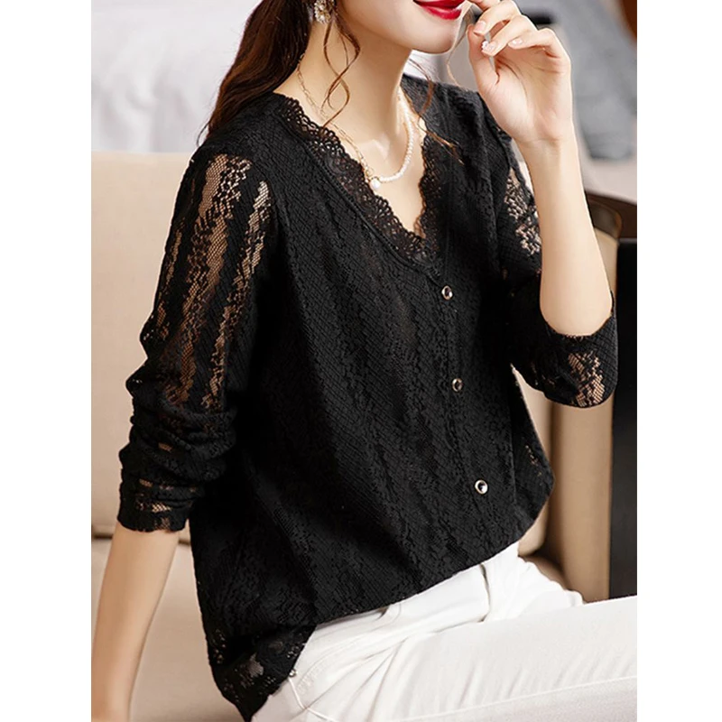 Frauen Frühling koreanische Mode sexy hohle Spitze elegante Blusen lässig V-Ausschnitt Langarm schwarze Tops schicke lose Blusas Para Mujer