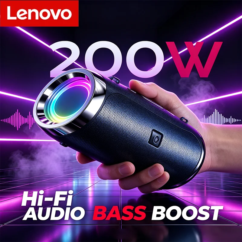 Lenovo FM Radio TF Boom Box Outdoor IPX7 Waterproof 200W Portable Bluetooth Speaker HIFI Pillar Stereo Subwoofer