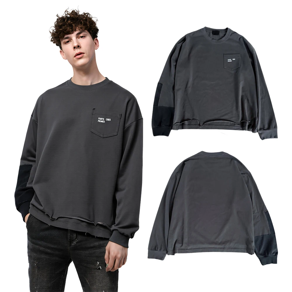 Streetwear Y2k Vintage T Shirts with Pocket Hiphop Street Style Cotton Distressed Ripped Casual Patchwork Full Sleeve Tees Men's