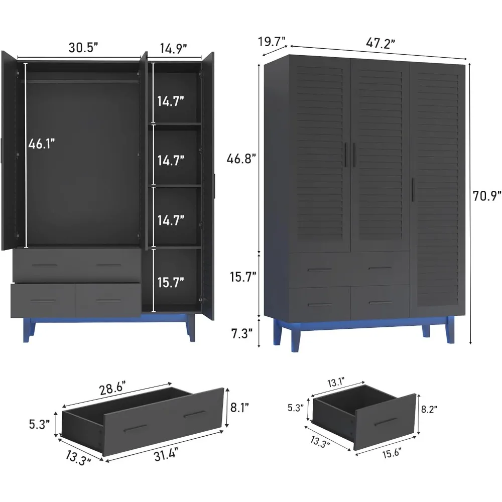 3 door wardrobe, drawers and LED lights, multi-layer shelves, hanging rods and 3 louvered doors, large capacity wardrobe, black