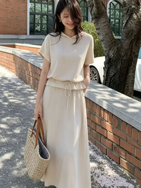 Casual Summer New Style Women's Half Skirt Set Thin Hooded Top High Waist A-Line Long Skirt Two-Piece Set Fashionable