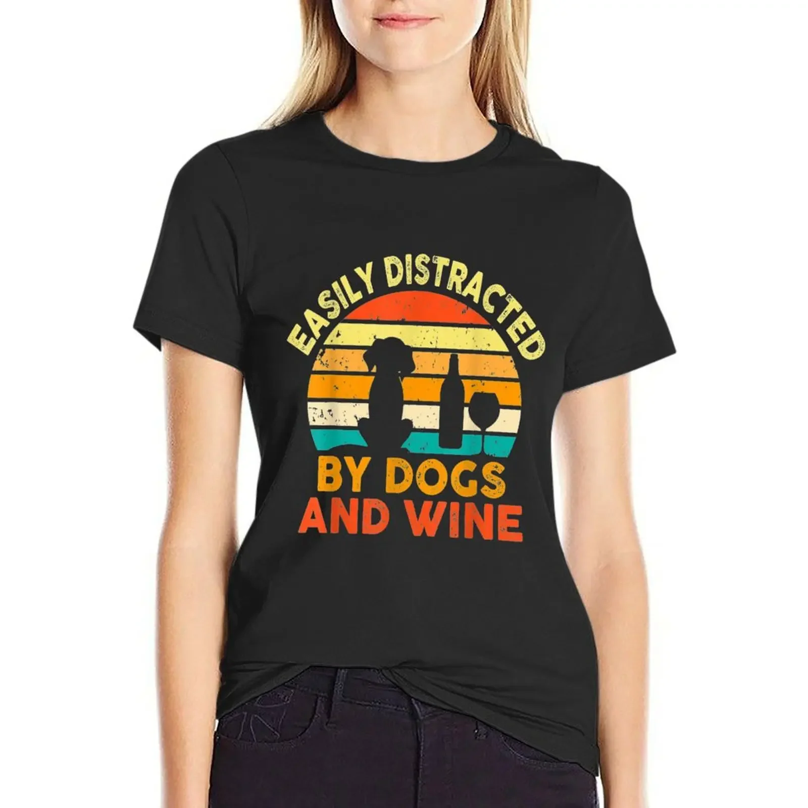 

Easily Distracted By Dogs And Wine Funny Wine Gift T-shirt funny lady clothes aesthetic clothes oversized t shirts for Women