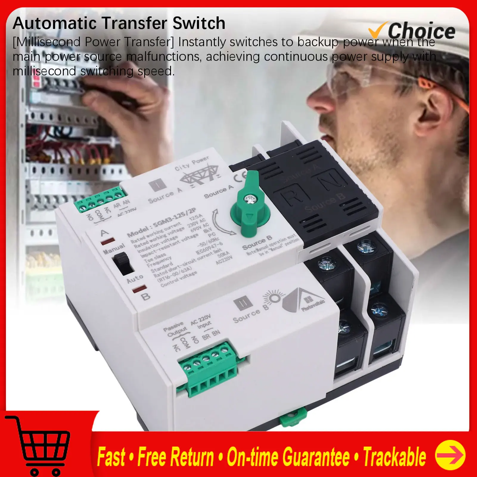 

Double Power Automatic Transfer Switch 125A 2P Millisecond Switching Double Power Generator Changeover Switch for PV