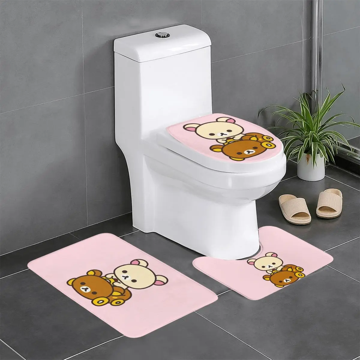 Korilakkuma Driving A Rilakkuma Car 3 Piece Bath Mat Bathroom Set Toilet Lid Cover Home Decor Non-Slip Carpet Floor Rug