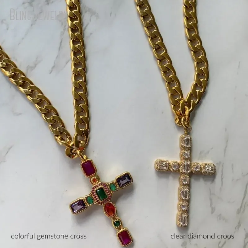 10pcs Gold Color Zircon Cross Choker Catholic Religious Necklace Stainless Steel Chain Christian Gift Women Statement Jewelry