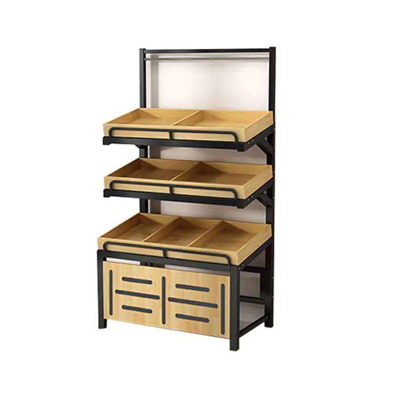 Display Rack Supermarket custom.3 Layers Wooden Vegetable Shelf Double-side Fruit Stand Fruit and Vegetables