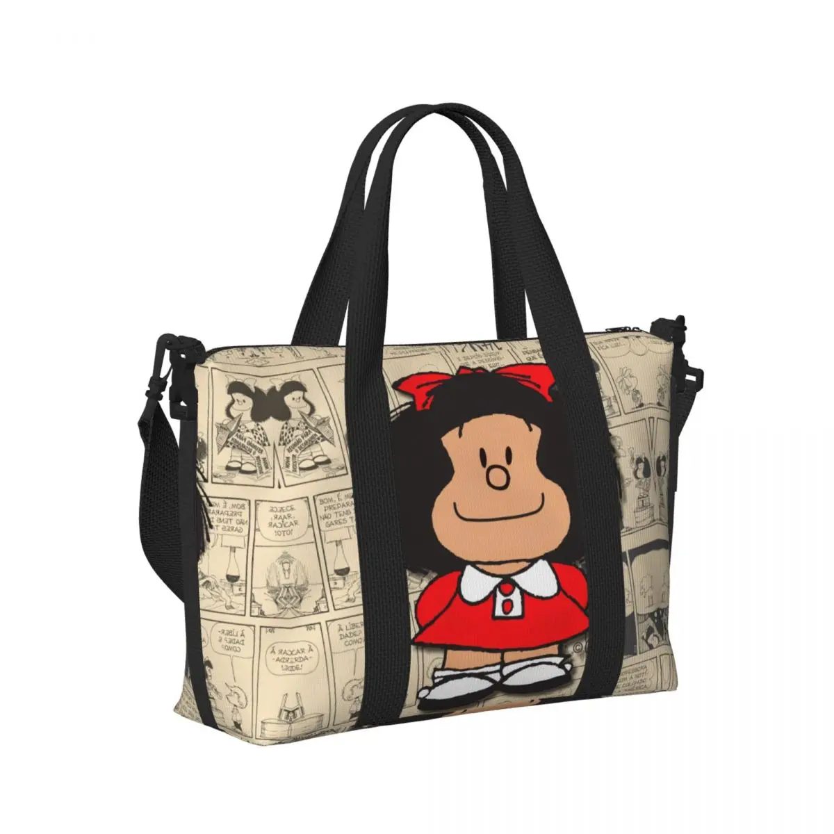 Custom Vintage Mafalda Manga Beach Tote Bag for Women Extra Large Gym Carry On Quino Comic Cartoon Travel Shopping Bags
