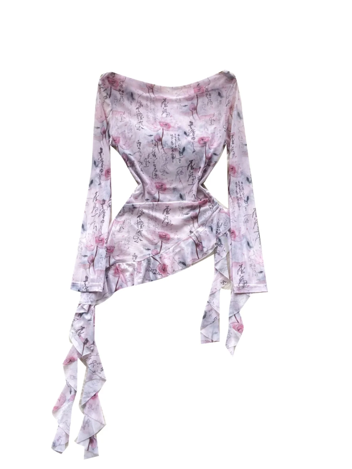 레트로 타이다이 원숄더 여성 티셔츠 여름 비대칭 벨 슬리브 디자인 독창적인 출퇴근 스타일 긴팔 탑