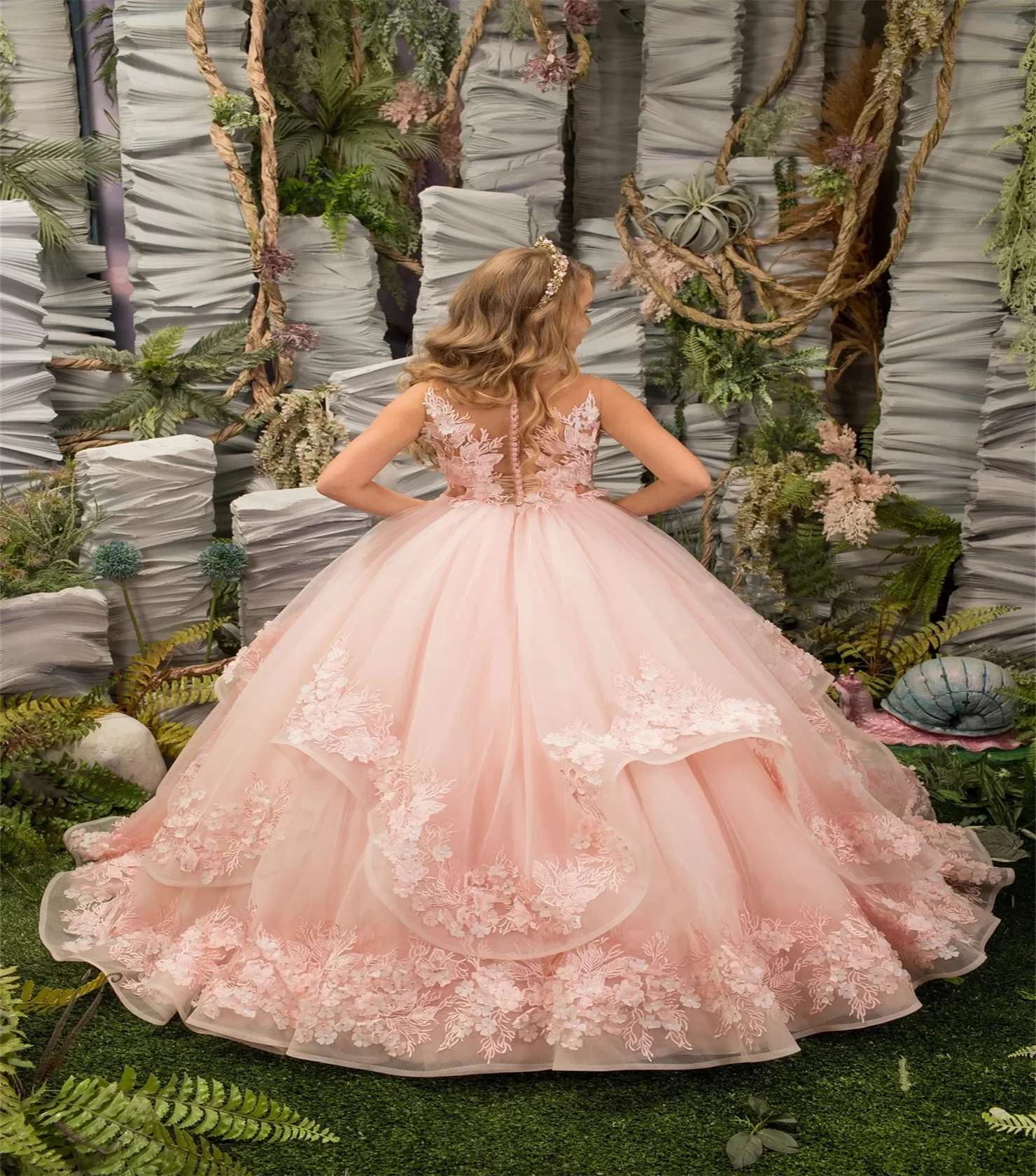 Luxury Pink Flower Girl Dress Princess Luscious Tulle 3D Lace Decals with of Fluffy Ball Customized Princess Gown