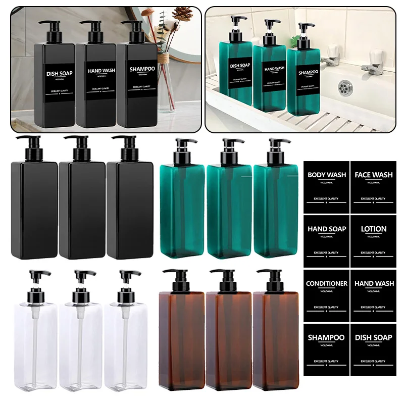 3PCS 500ml Square Soap Dispenser Waterproof Labels Refillable Empty Bottle Hand Soap Liquid Lotion Shampoo Conditioner Container