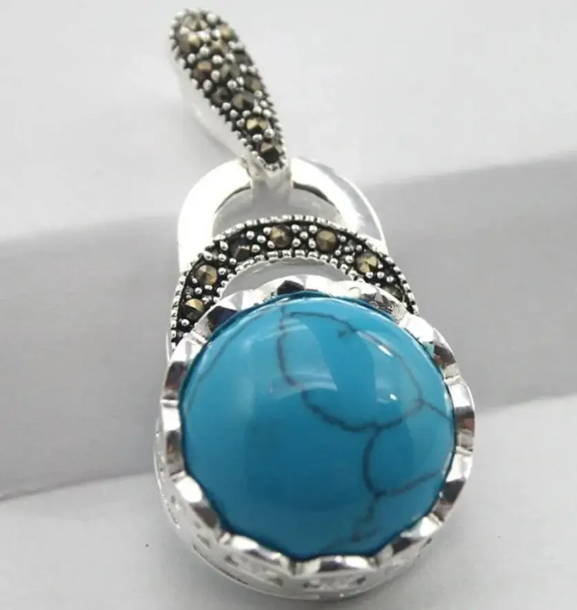

Fashion Women's 40*20mm Blue JADE 925 Sterling Silver Marcasite Pendant