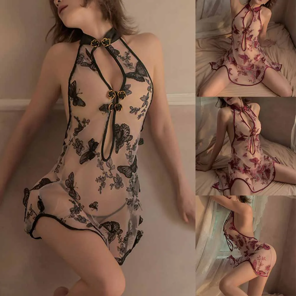 Fashion Woman Sexy Floral Print Mesh Lingerie Cheongsam See-Though Temptation Nightdress Thong Comfy Dress Nightwear