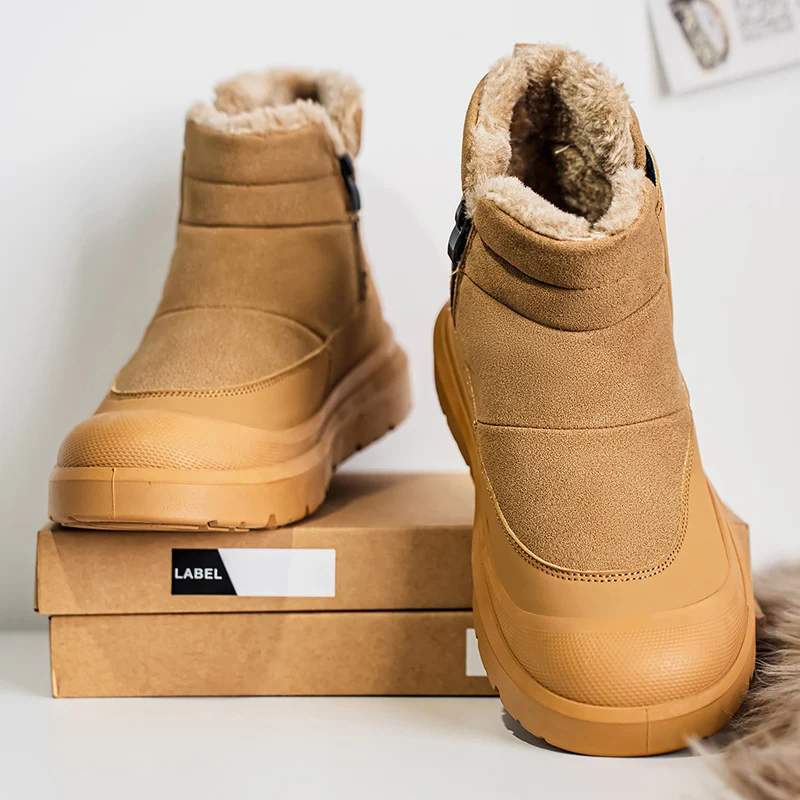 

Men's Large-sized Winter Fleece Warm Flat Mid-top Leather Solid Color Split-on Fashionable Outdoor Anti-slip Snow Boots