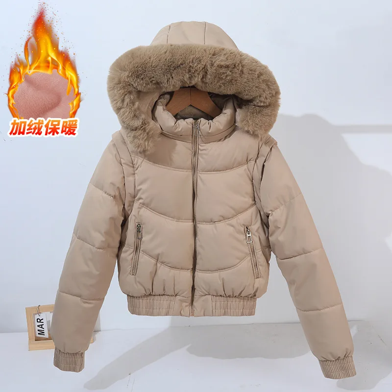 

Женские парки со съемным рукавом, меховым воротником, пуховая куртка с капюшоном и хлопковой подкладкой, женская верхняя одежда, зимняя короткая куртка, пальто, новинка 2023 года