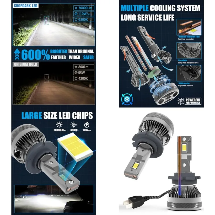 D2H LED Bulbs 110W 30000Lm Super Bright 12V 6500K Cool White Built-in Fan and Thermally Conductive Copper Tube Fog Lamp 2pcs