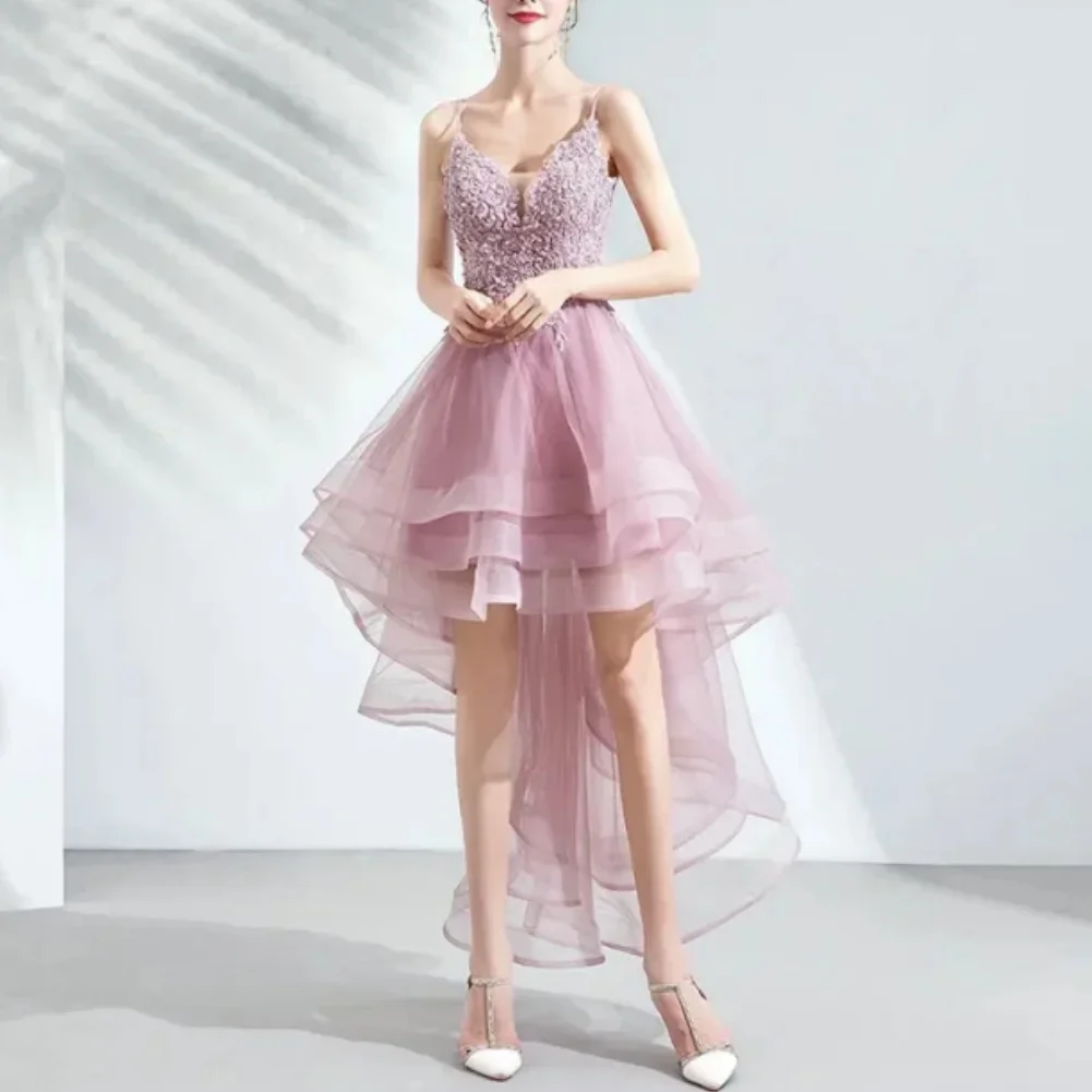 

Spaghetti Straps Lace Appliques Homecoming Dresses for Teens High Low Tulle Fairy Prom Dress V Neck Beaded Party Cocktail Dress