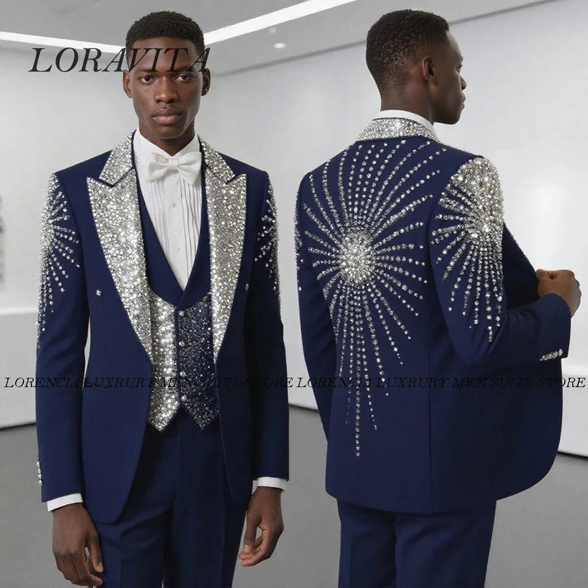 

Customized Luxury Jewel Ornament Men Suit Slim Fit Peaked Lapel Wedding Tuxedos 2 Pieces Sets Groom Male Blazer Ropa hombre