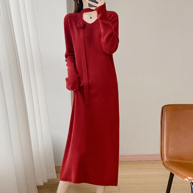 

Модное облегающее платье-свитер, новинка 2025, женское платье-свитер с v-образным вырезом, однотонное вязаное женское длинное стильное платье-пуловер, платье из 100% шерсти