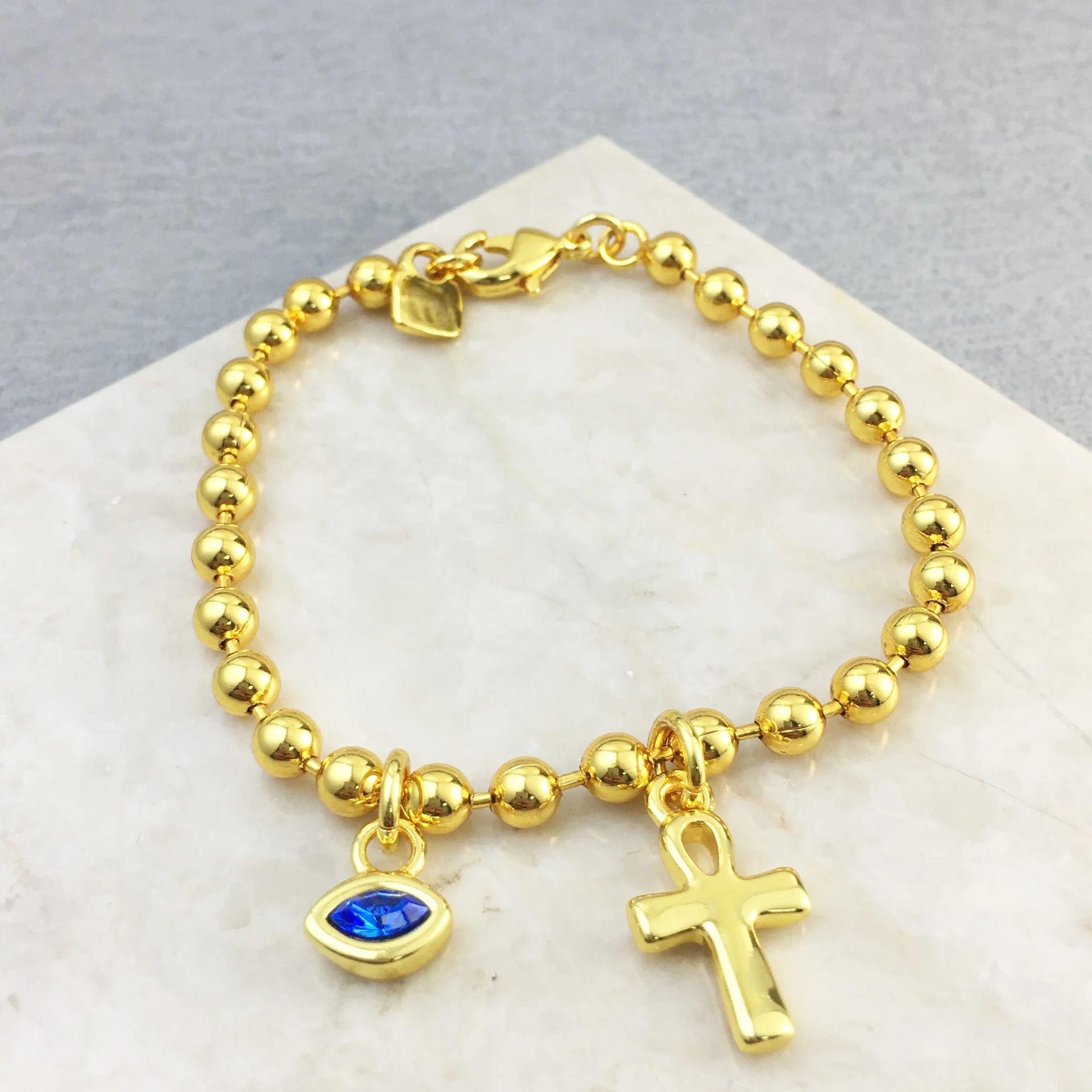 

2025 Summer Personalized Elegant Blue Eyestone Cross Pendant Gold Round Bead Bracelet Women's Accessories Jewelry Gift