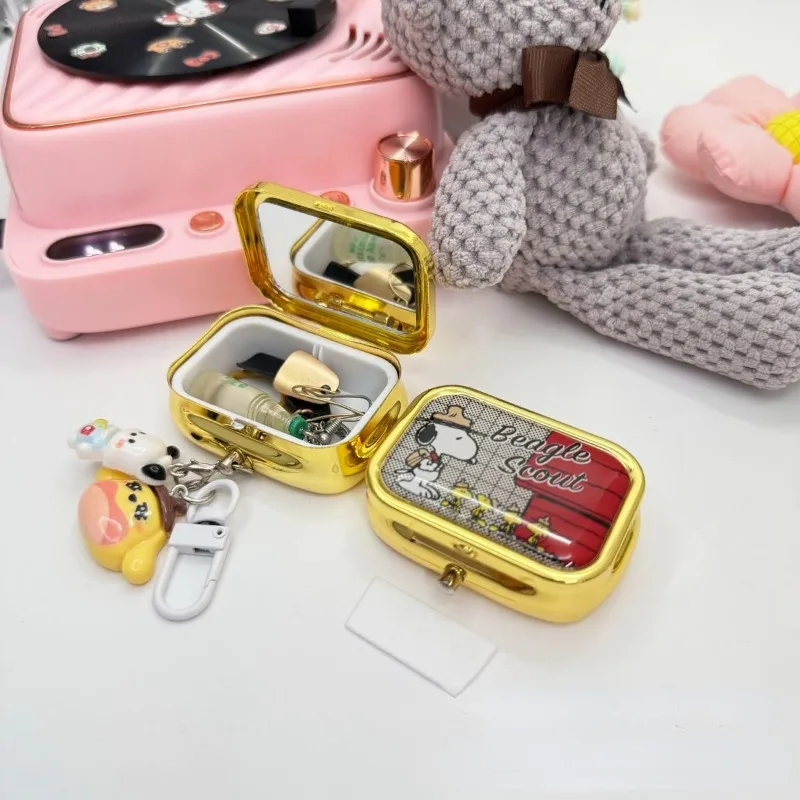 Snoopy Jewelry Storage Box Portable Earring Case for Women Small Object Organizer with Mirrors Cartoon Mini Travel Pill Box Gift