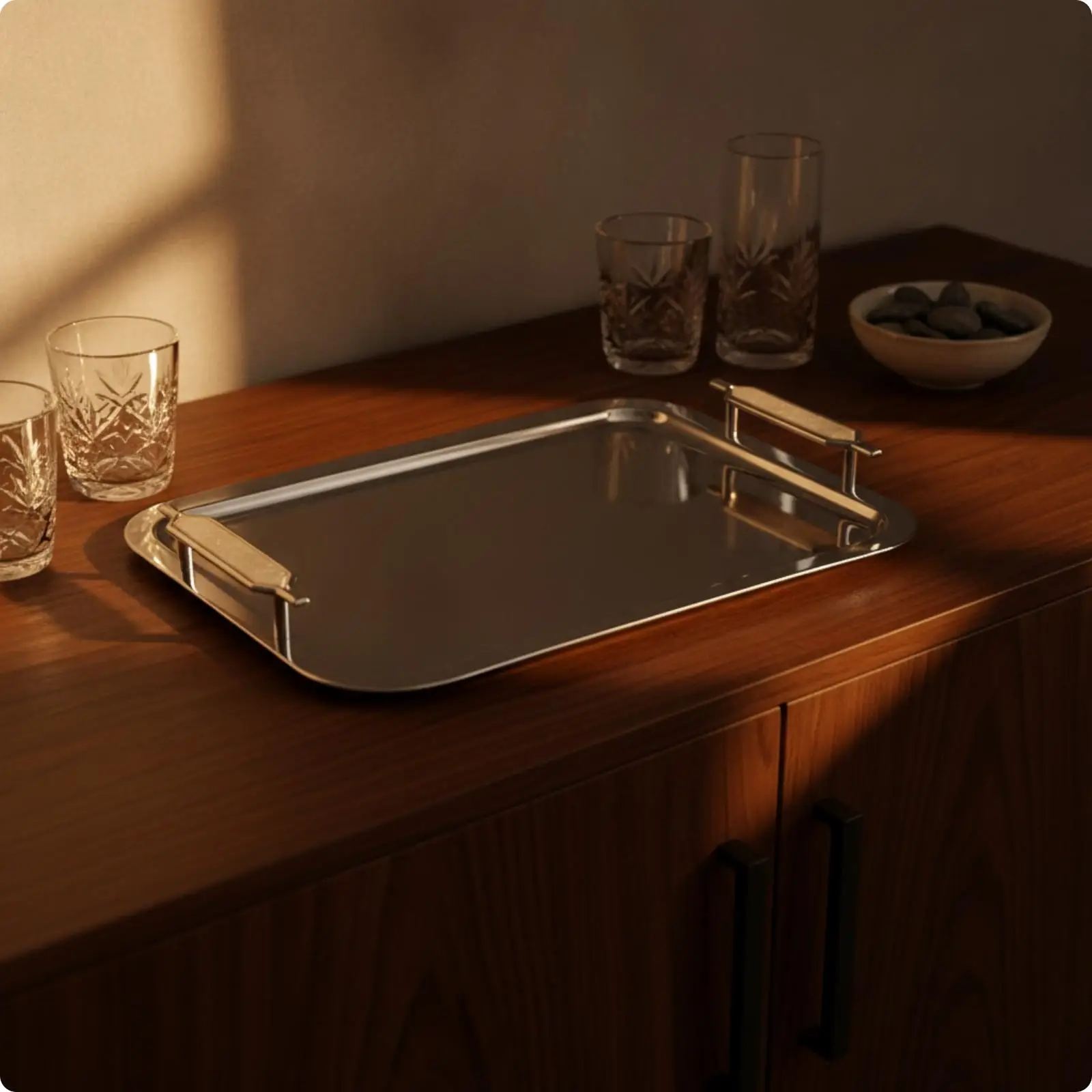 Serving Tray with Side Handles Polished Silver Finish for Home Bar, Entertaining