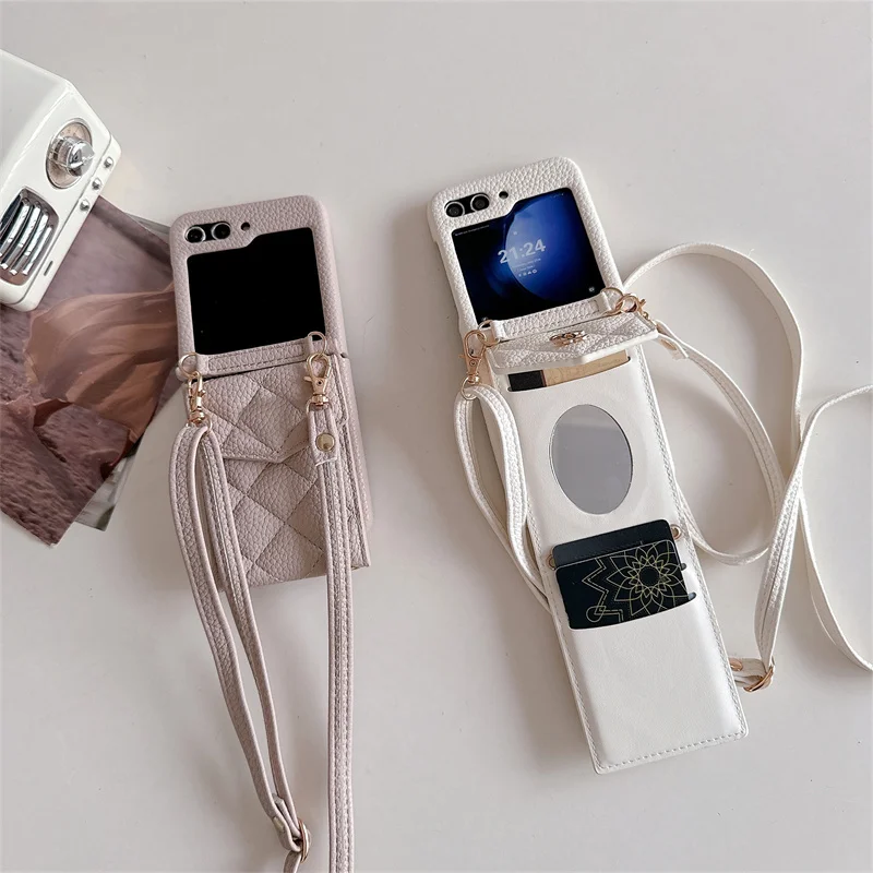 

Crossbody Mirror Wallet with Card Holder Phone Case for Samsung Galaxy Z Flip 6 5 4 3 Flip6 Flip5 Flip4 Flip3 5G Leather Cover