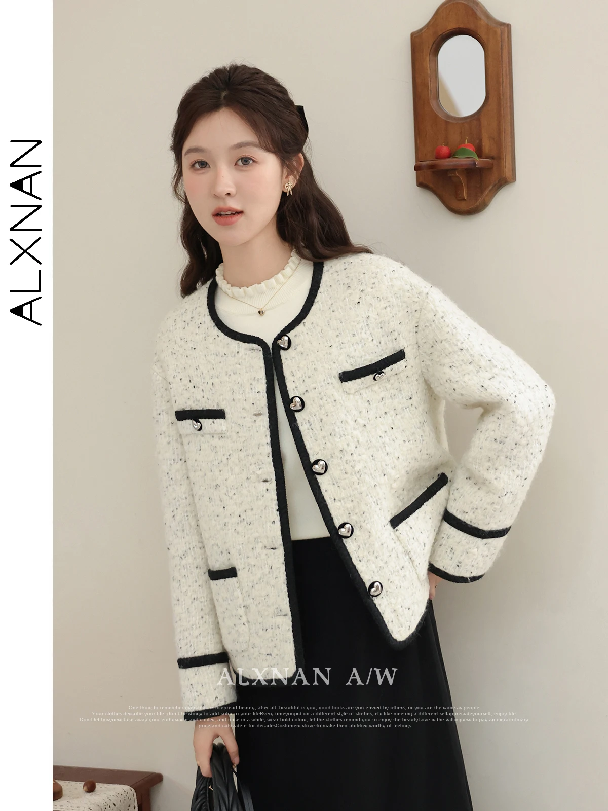 

ALXNAN Women's Fashion Tweed Jacket Chic O-neck Long Sleeve Single Breasted 2024 Autumn Winter Lady Commuter Clothing LXN32528