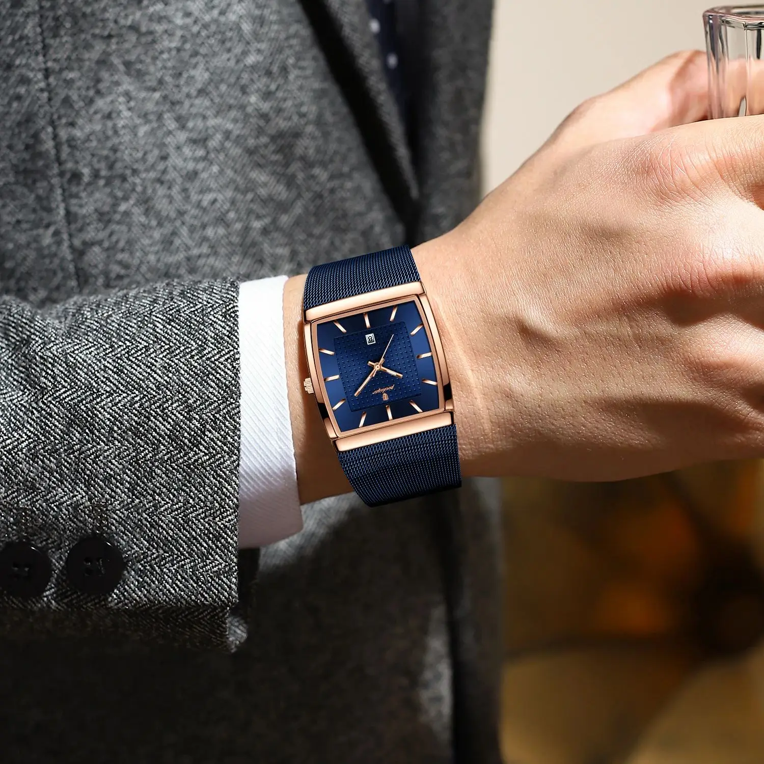 포에다가 명품 남성 시계 스테인리스 스틸 메쉬 방수 야광 날짜 남성 손목시계 패션 캐주얼 쿼츠 남성 시계 렐로즈