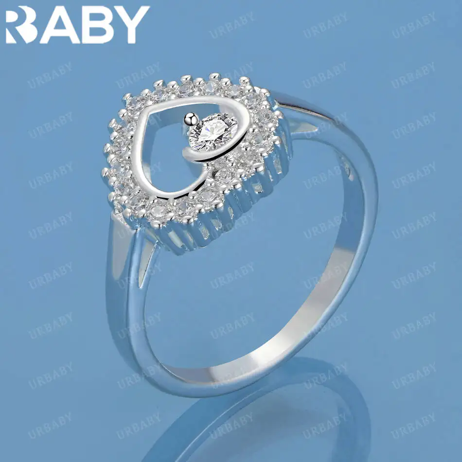 

URBABY 925 Sterling Silver Size 7-10 Zircons Heart Ring For Women Fashion Jewelry Charm Grace Wedding Engagement Accessories