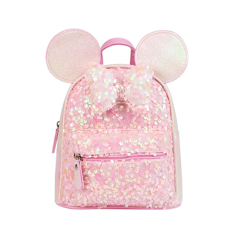 

Disney Girls Backpack Cute Kawaii Mickey Mouse Glitter Bow Cartoon Princess Fashion for School Travel Daily Use Kids