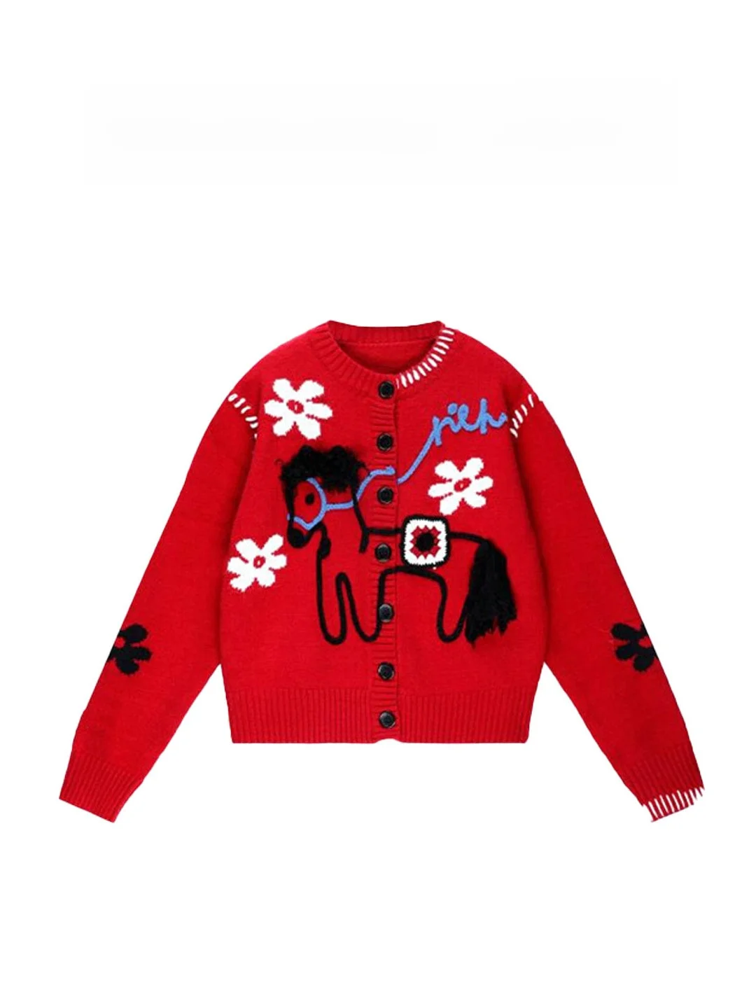 

2025 Winter New Red Cisas Sweater Women's Festive Knitted irt Stand Fit Long Sve round Ne Plant Floral Pattern