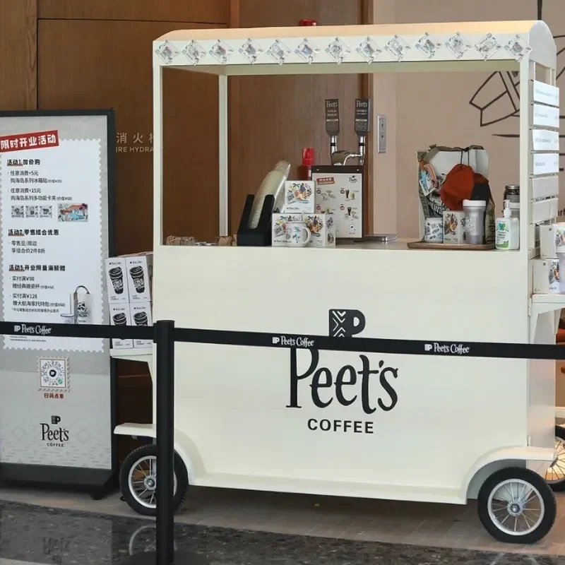 4 Wheel Mobile Outdoor Dining Cart Wooden Coffee Milk Tea Ice Cream Drink Display Stall for Floral Exhibition Street Vending