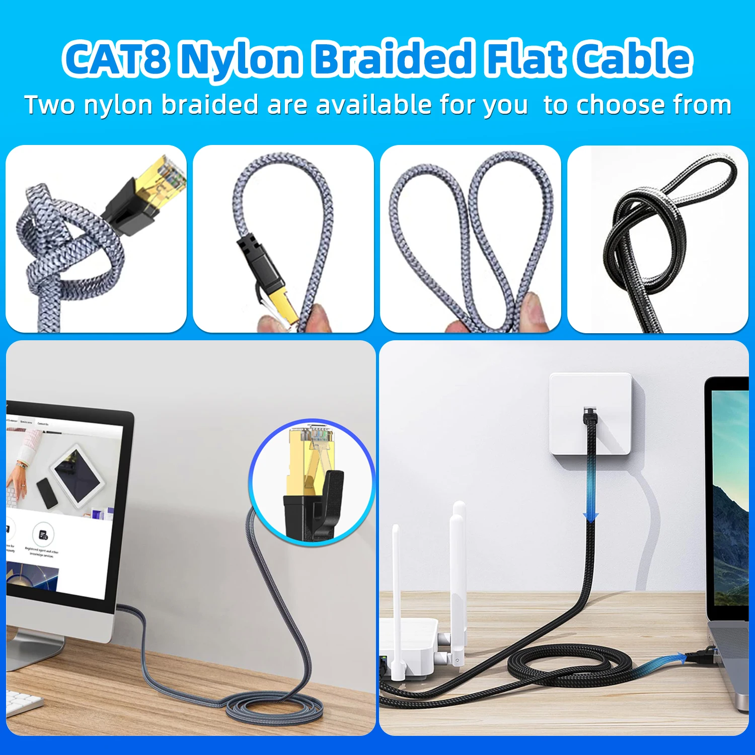 Nylon trançado blindado Ethernet cabo, Internet Rede Patch Cord, CAT8, 40Gbps, 5m, 10m, 15m, 20m, 30m