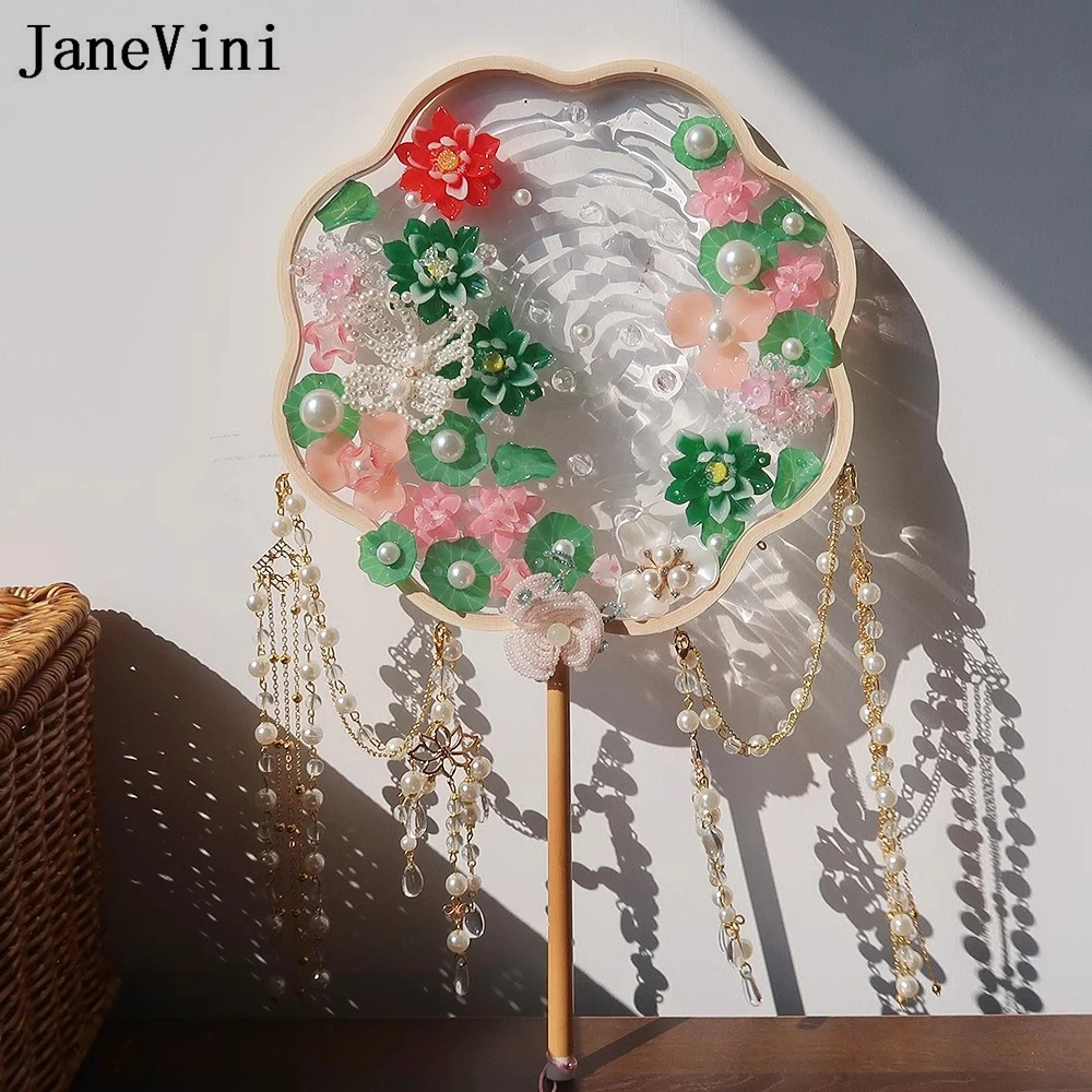 JaneVini Chinese Bridal Fan Traditional Tassel Lotus Beaded Pearl Flowers Bride Wedding Bouquet Hanfu Dance Display Group Fans