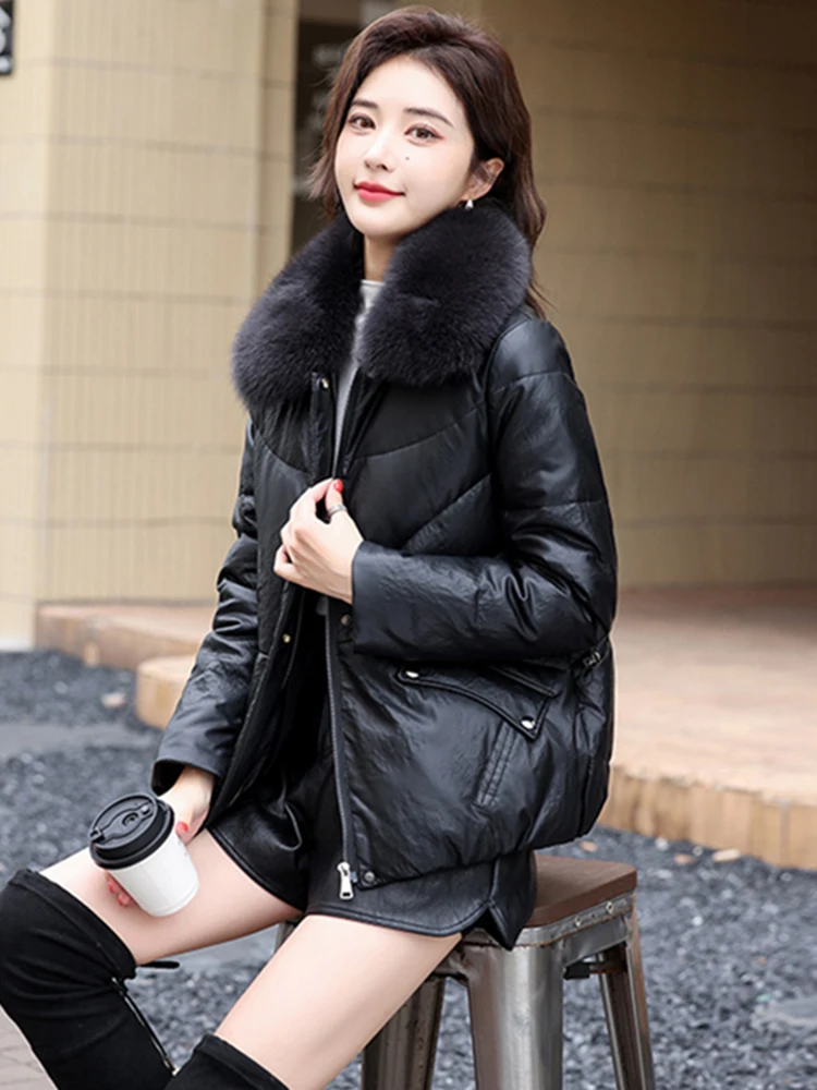   Ning 本革ダウンジャケット レディース オートスリーブ 2025 冬新作 ルーズシープスキン ファートリムコート ジッパー開閉