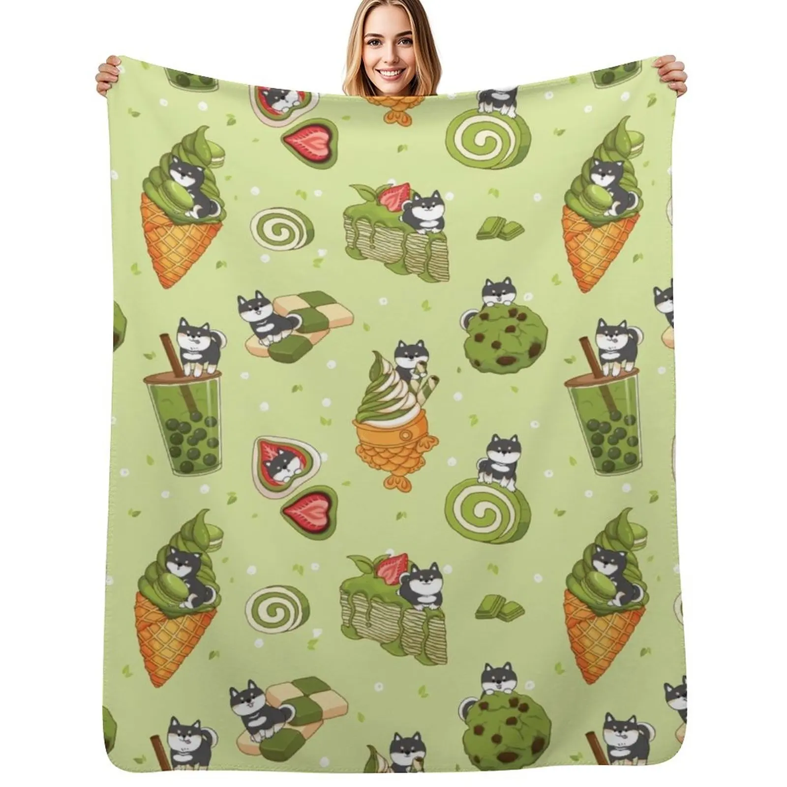 

Black Shiba Inu with Japanese desserts - Green Throw Blanket Bed Single Sleeping Bag Blankets