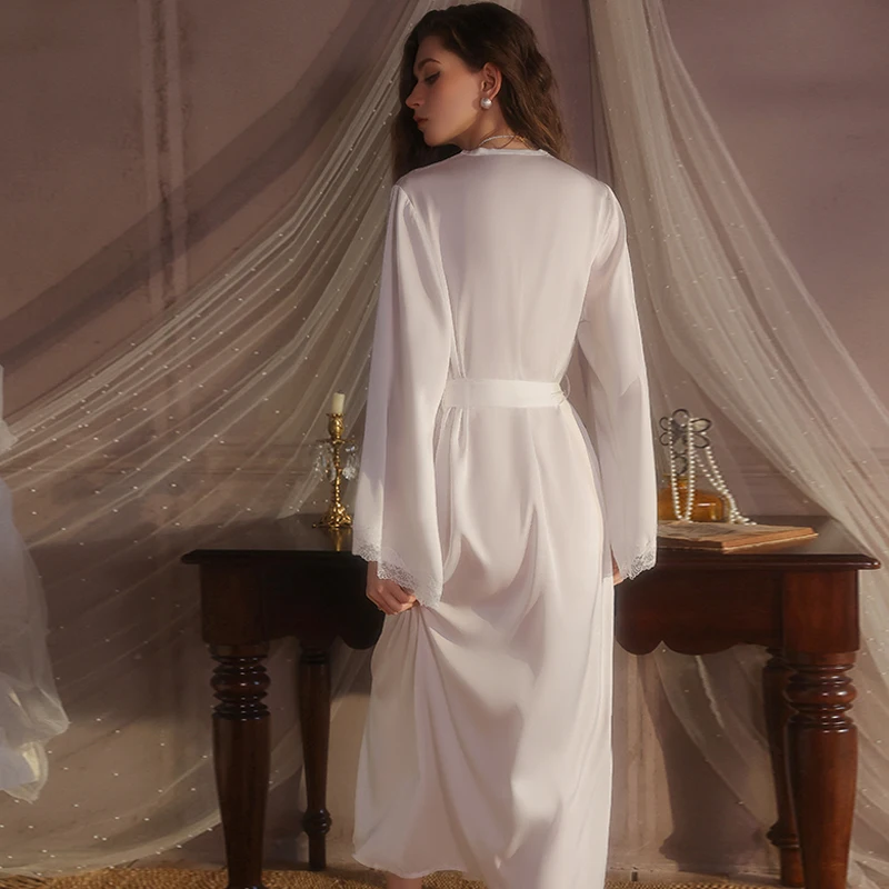 طقم رداء ساتان مثير للنساء ملابس نوم مزينة بالدانتيل نمط الرغبة النقية الحلو ملابس منزلية ملابس نوم ثوب خارجي #6