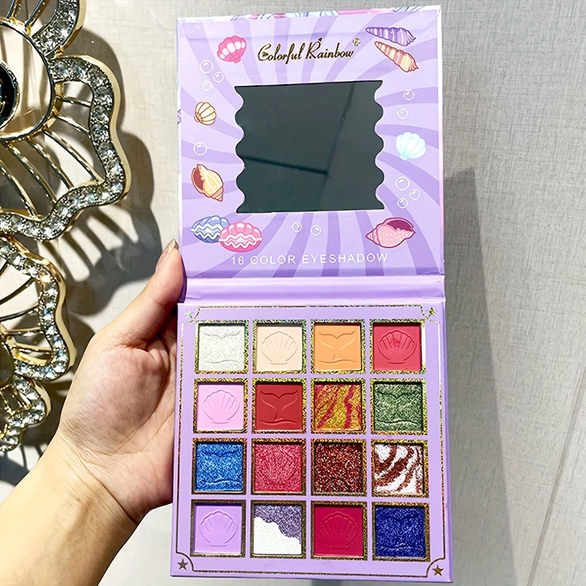 16-Farben-Perlen-Lidschatten-Palette, Regenbogen-Muschelprägung, hochpigmentiert und lichtecht, hochwertige Lidschatten-Palette