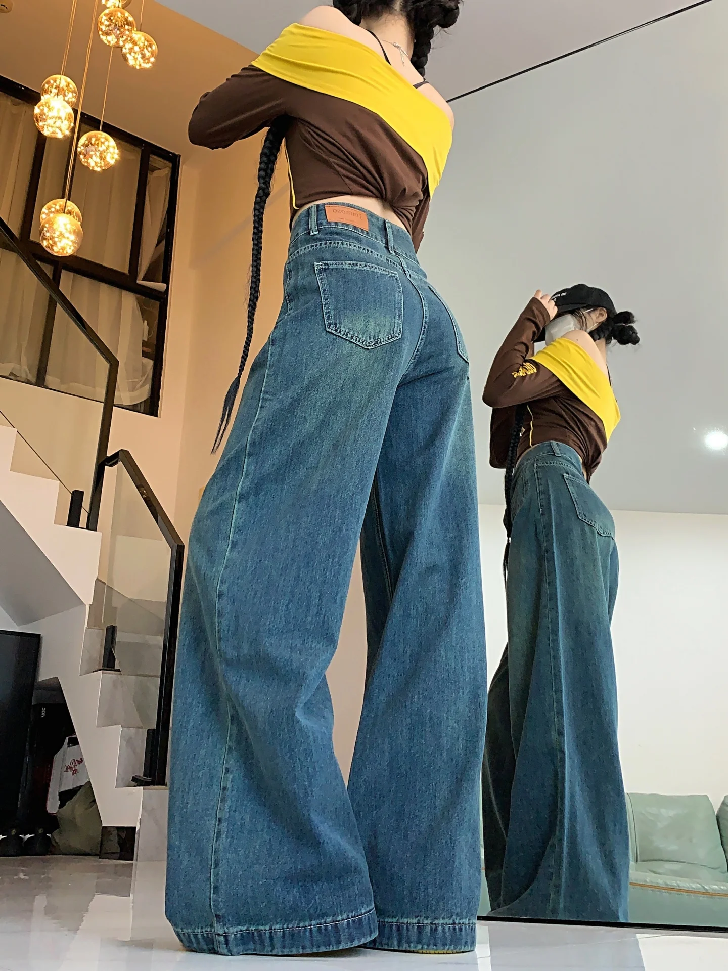 بالإضافة إلى حجم Fce اصطف ثي الدينيم السراويل النسائية الخريف الشتاء فضفاضة عالية الخصر ضئيلة مستقيم واسعة الساق الجينز ل الكمثرى aped...