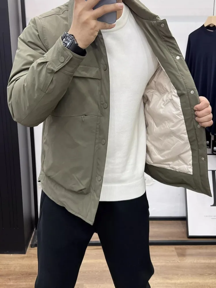 Mens Winter Business Work Light Weight Down Jacket Slim Fit Single Breasted Cargo Coat Casual Outside Thick Warm Overcoat Jacket