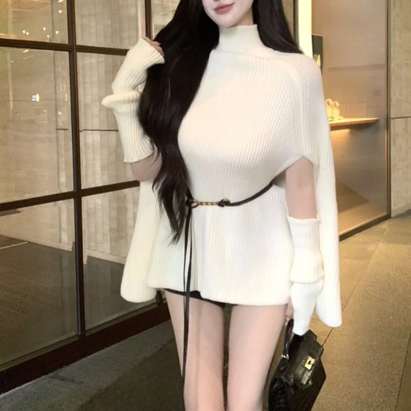 Detachable Sleeve Knitted Sweater Women Pullovers For Woman Autumn Balloon Wide Collar Patchwork Layered Style Bohemian Date Ins