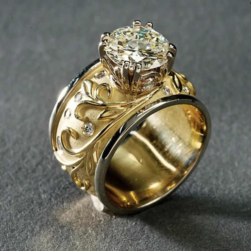 Klassischer Eingelegter Weißer CZ Damenring Ethnische Goldfarbe Handgeschnitzt Tägliches Tragen Party-Schmuck Jubiläumsgeschenk