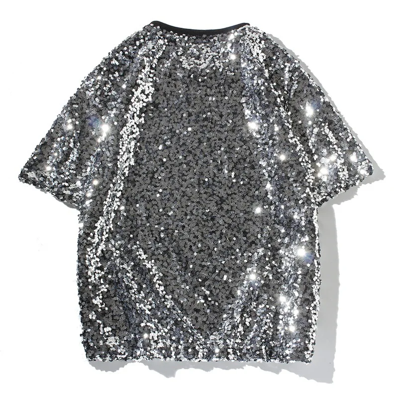 Mens Shiny Silver Sequin Tshirt 70s Disco Costume Sparkle Party Short Sleeve T-shirt Men Giltter Round Neck Streetwear Camiseta