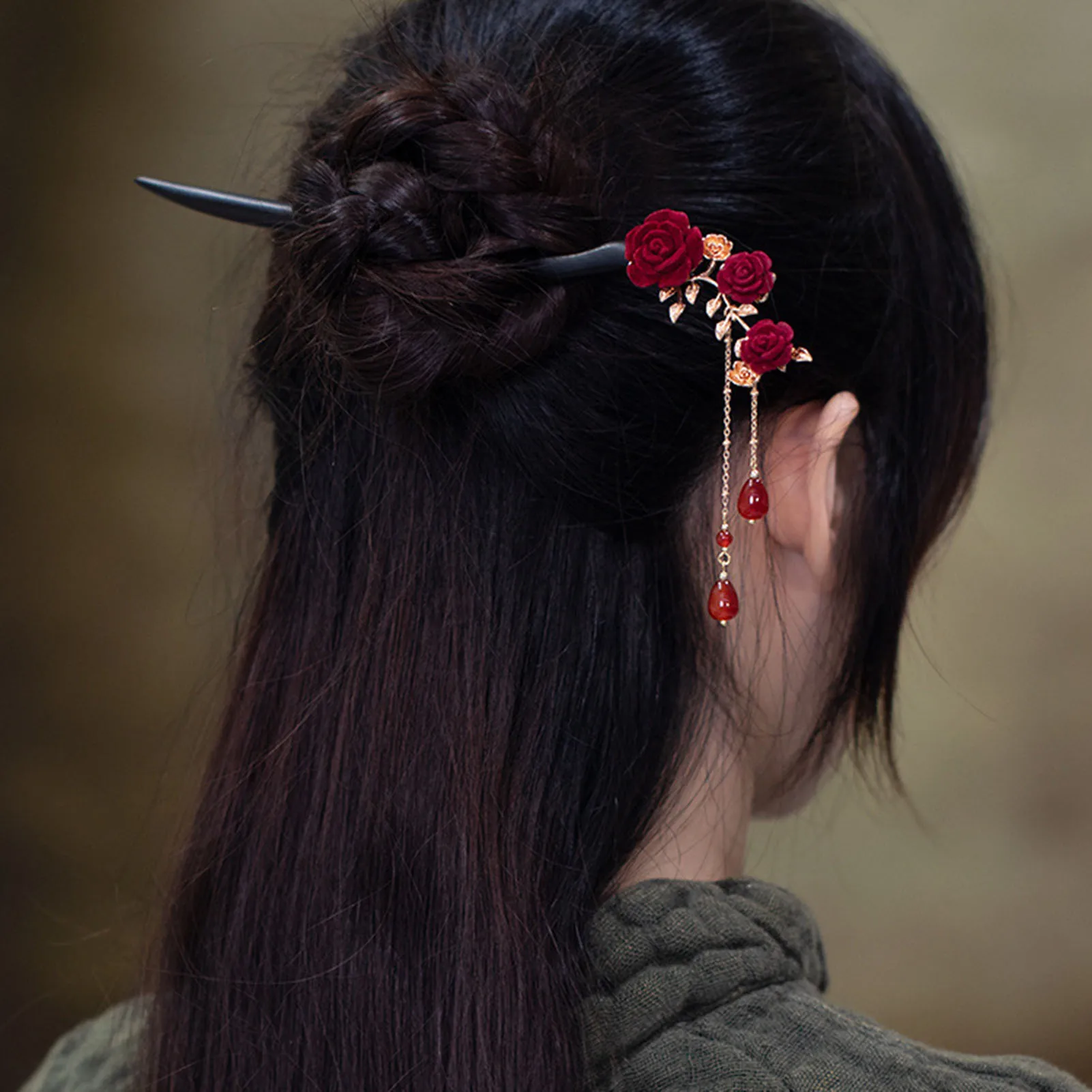 Black Wooden Hair Sticks Red Rose Flower Designs Retro Chinese Style Hair Clips Pendant Headpieces Women Hair Bun Maker Jewelry